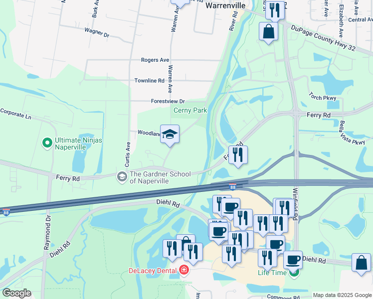 map of restaurants, bars, coffee shops, grocery stores, and more near 4S241 River Road in Warrenville