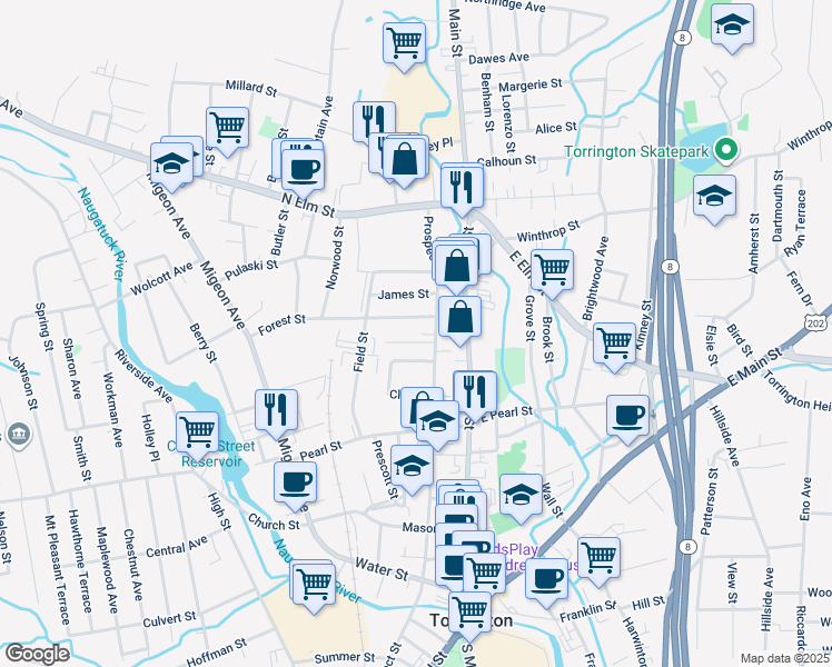 map of restaurants, bars, coffee shops, grocery stores, and more near 24 Whiting Avenue in Torrington