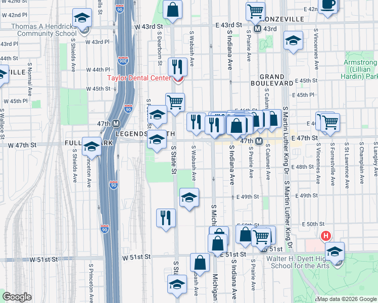 map of restaurants, bars, coffee shops, grocery stores, and more near 4720 South Wabash Avenue in Chicago