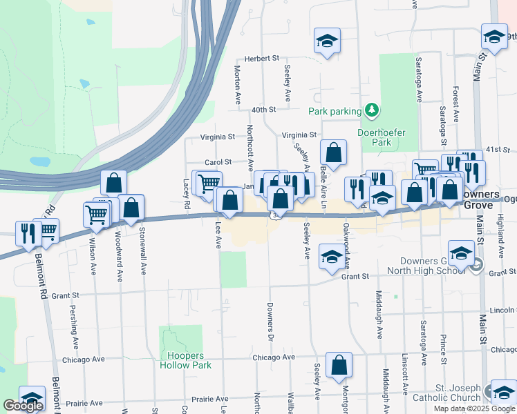 map of restaurants, bars, coffee shops, grocery stores, and more near 1608 Ogden Avenue in Downers Grove