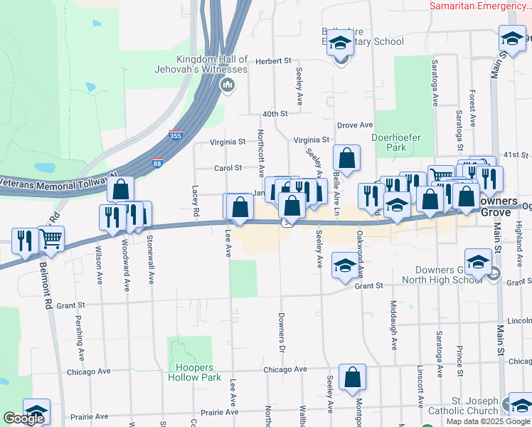 map of restaurants, bars, coffee shops, grocery stores, and more near 1614 Ogden Avenue in Downers Grove