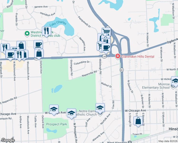 map of restaurants, bars, coffee shops, grocery stores, and more near 28 Naperville Road in Clarendon Hills