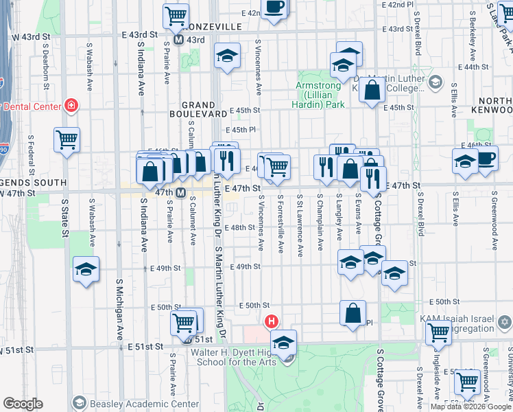 map of restaurants, bars, coffee shops, grocery stores, and more near 4724 South Vincennes Avenue in Chicago