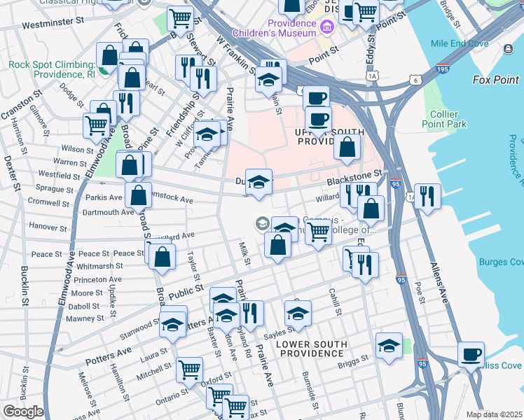 map of restaurants, bars, coffee shops, grocery stores, and more near 1 Hilton Street in Providence