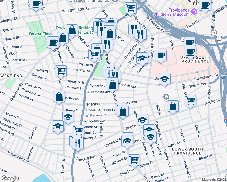 map of restaurants, bars, coffee shops, grocery stores, and more near 79 Wesleyan Avenue in Providence