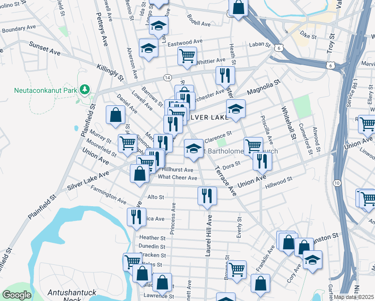 map of restaurants, bars, coffee shops, grocery stores, and more near 49 Magdalene Street in Providence