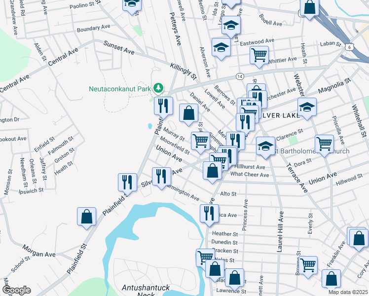 map of restaurants, bars, coffee shops, grocery stores, and more near 90 Moorefield Street in Providence