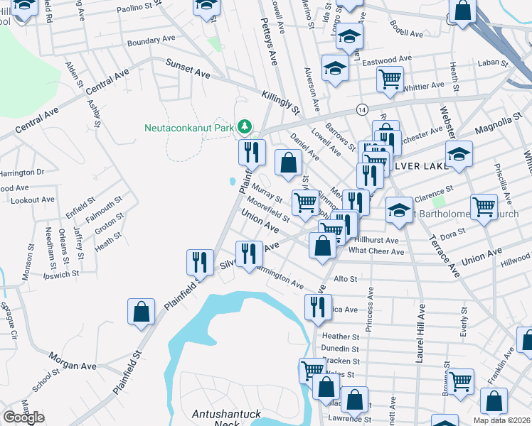 map of restaurants, bars, coffee shops, grocery stores, and more near 684 Union Avenue in Providence