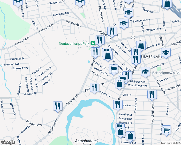 map of restaurants, bars, coffee shops, grocery stores, and more near 17 Evelyn Street in Providence