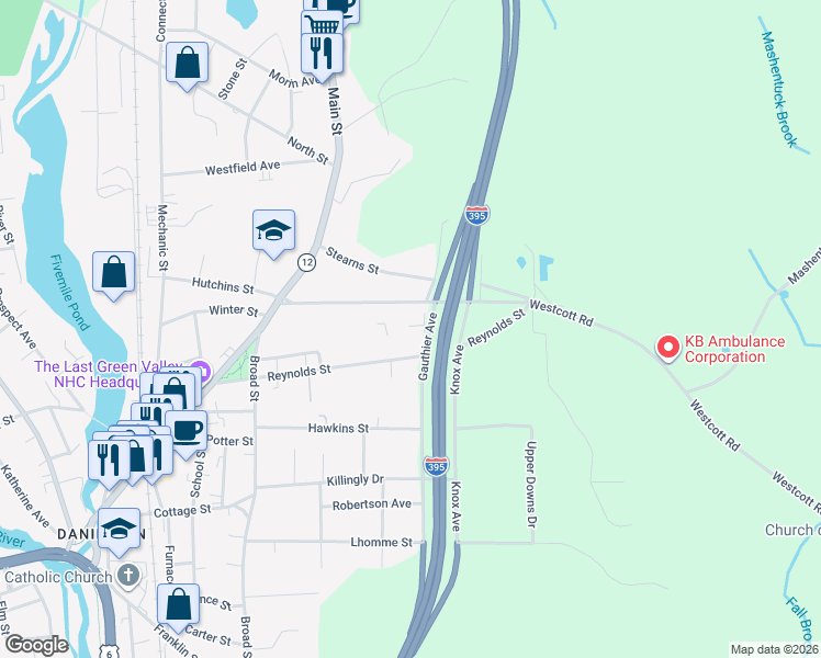 map of restaurants, bars, coffee shops, grocery stores, and more near 152 Reynolds Street in Killingly