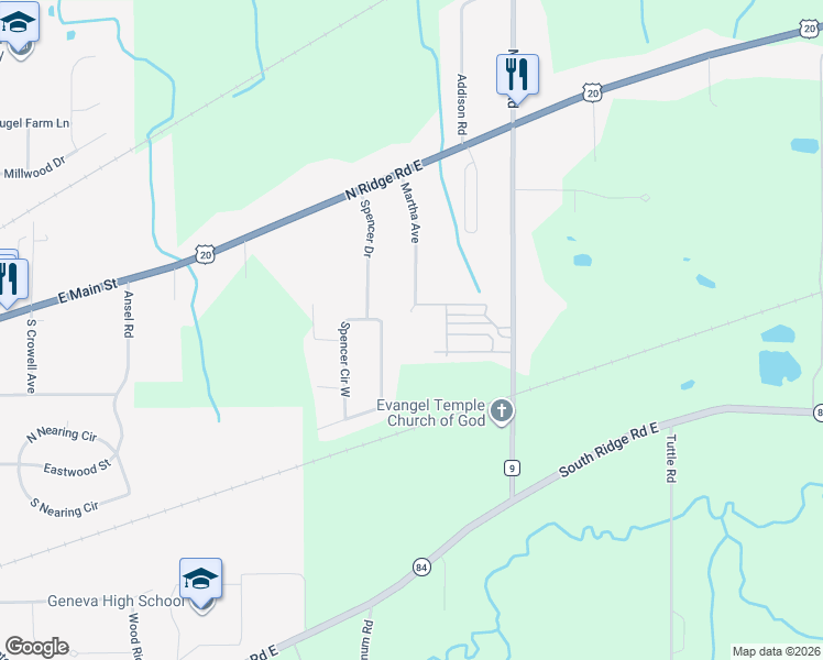 map of restaurants, bars, coffee shops, grocery stores, and more near 3060 Spencer Circle West in Geneva