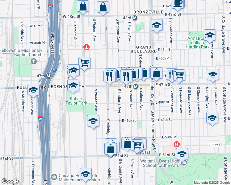 map of restaurants, bars, coffee shops, grocery stores, and more near 4749 South Indiana Avenue in Chicago