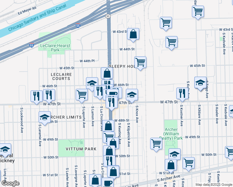 map of restaurants, bars, coffee shops, grocery stores, and more near 4744 West 47th Street in Chicago