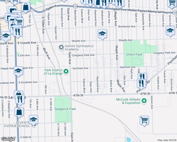 map of restaurants, bars, coffee shops, grocery stores, and more near 4527 Dubois Boulevard in Brookfield