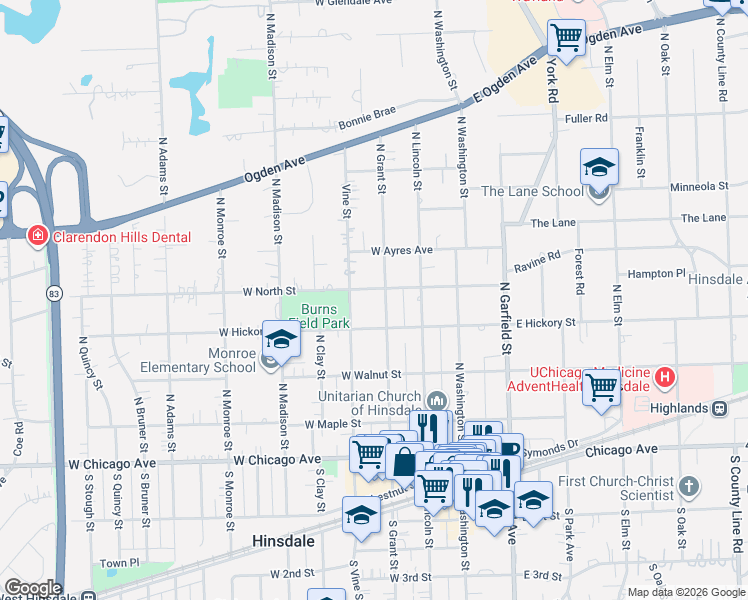 map of restaurants, bars, coffee shops, grocery stores, and more near 306 North Grant Street in Hinsdale