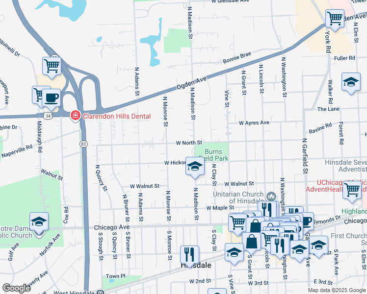 map of restaurants, bars, coffee shops, grocery stores, and more near 300 North Madison Street in Hinsdale