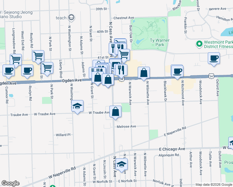 map of restaurants, bars, coffee shops, grocery stores, and more near 501 North Cass Avenue in Westmont