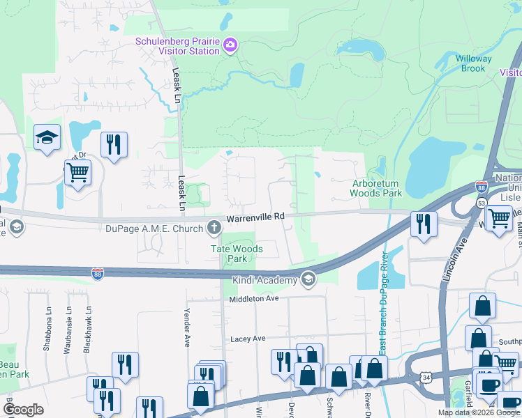 map of restaurants, bars, coffee shops, grocery stores, and more near 4301 Westerhoff Drive in Lisle