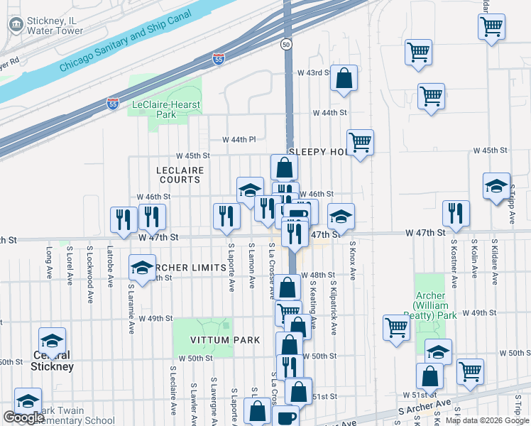 map of restaurants, bars, coffee shops, grocery stores, and more near 4645 South Lamon Avenue in Chicago
