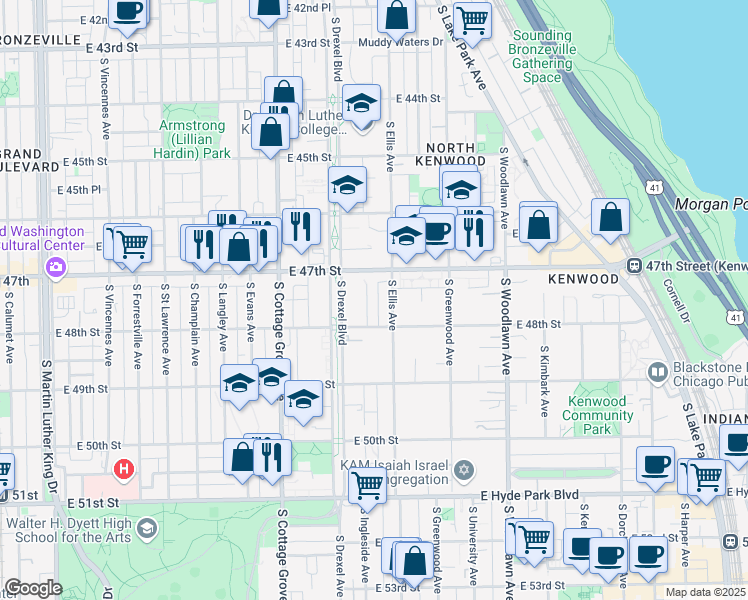 map of restaurants, bars, coffee shops, grocery stores, and more near 4731 South Ingleside Avenue in Chicago