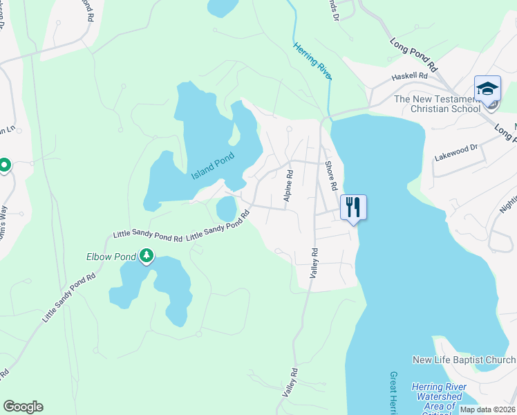 map of restaurants, bars, coffee shops, grocery stores, and more near 168 Little Sandy Pond Road in Plymouth