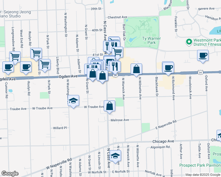 map of restaurants, bars, coffee shops, grocery stores, and more near 501 North Cass Avenue in Westmont
