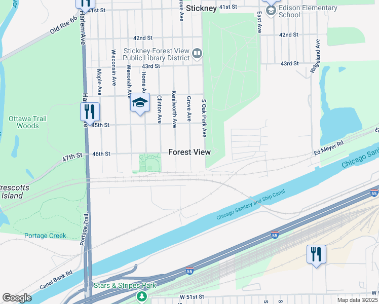 map of restaurants, bars, coffee shops, grocery stores, and more near in Forest View