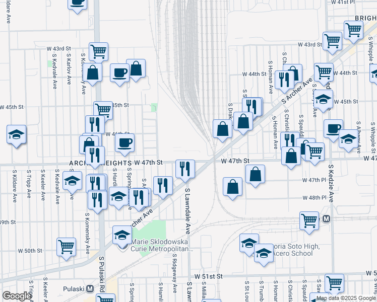 map of restaurants, bars, coffee shops, grocery stores, and more near 3642 West 47th Street in Chicago