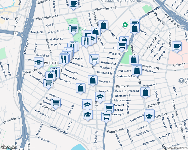 map of restaurants, bars, coffee shops, grocery stores, and more near Dexter Street in Providence