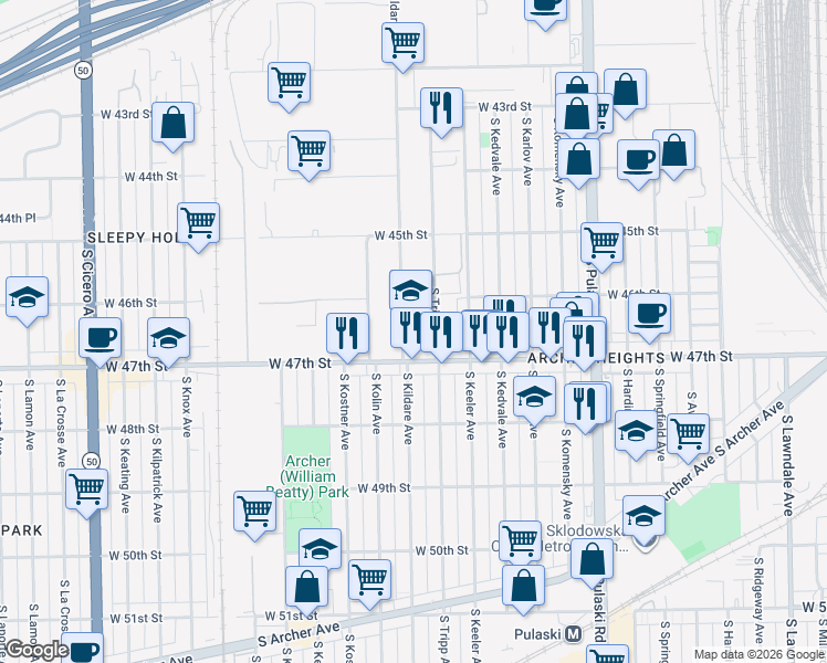 map of restaurants, bars, coffee shops, grocery stores, and more near 4248 West 47th Street in Chicago