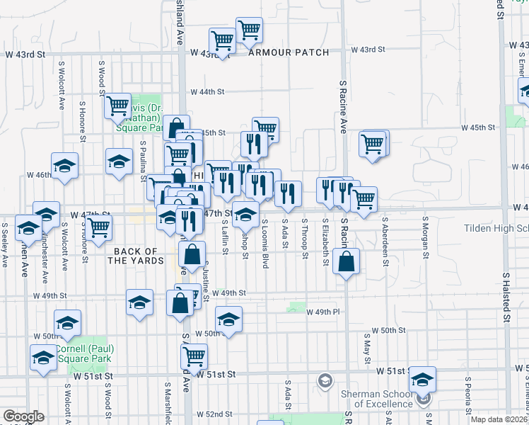 map of restaurants, bars, coffee shops, grocery stores, and more near W 47th St & S Loomis Blvd in Chicago