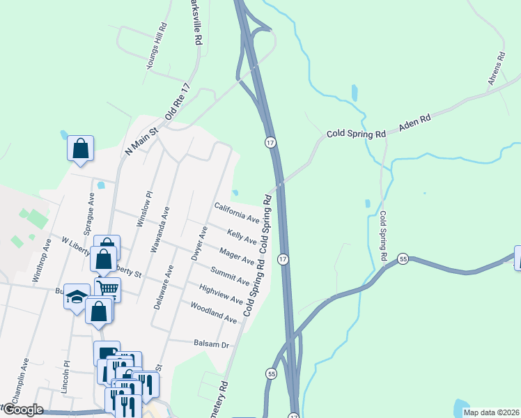 map of restaurants, bars, coffee shops, grocery stores, and more near 103 Cold Spring Road in Liberty