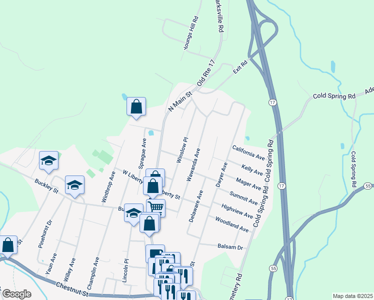 map of restaurants, bars, coffee shops, grocery stores, and more near 30 Winslow Place in Liberty
