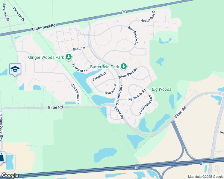 map of restaurants, bars, coffee shops, grocery stores, and more near 2555 Wydown Lane in Aurora