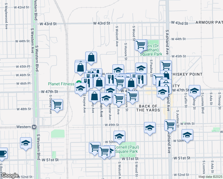 map of restaurants, bars, coffee shops, grocery stores, and more near 4714 South Winchester Avenue in Chicago
