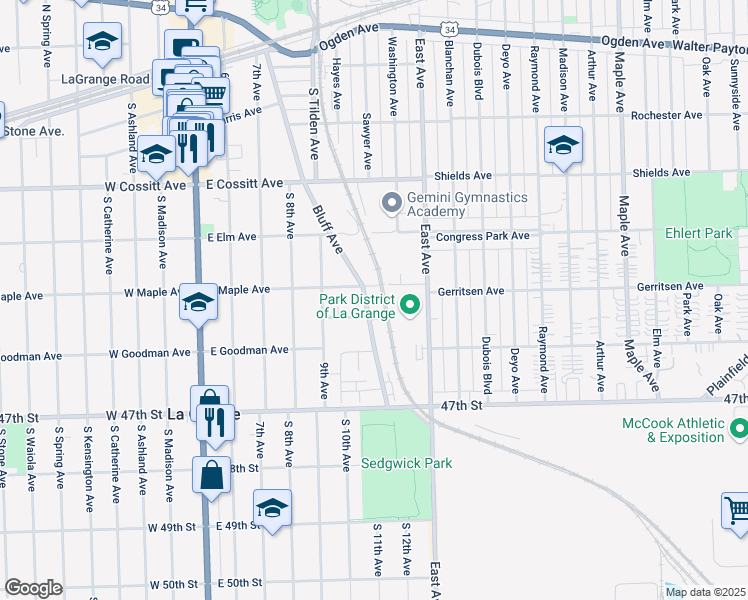 map of restaurants, bars, coffee shops, grocery stores, and more near 318 Bluff Avenue in La Grange