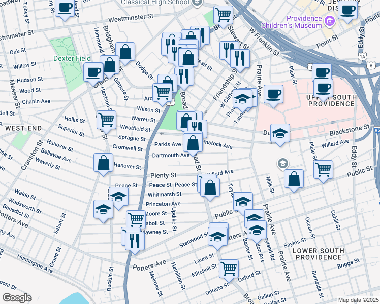 map of restaurants, bars, coffee shops, grocery stores, and more near 571 Broad Street in Providence