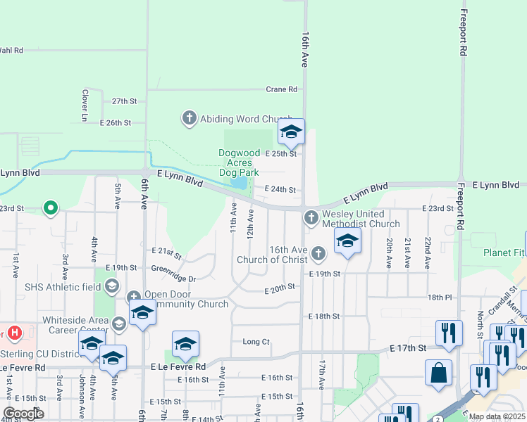 map of restaurants, bars, coffee shops, grocery stores, and more near 2215 14th Avenue in Sterling