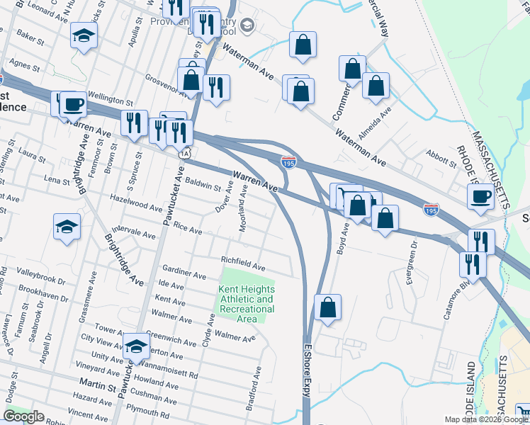 map of restaurants, bars, coffee shops, grocery stores, and more near 8 Rowley Street in East Providence