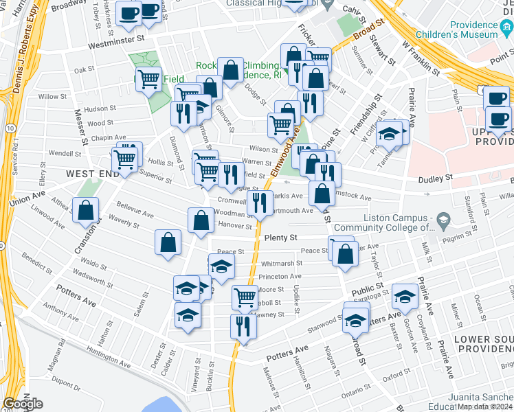 map of restaurants, bars, coffee shops, grocery stores, and more near 16 Woodman Street in Providence