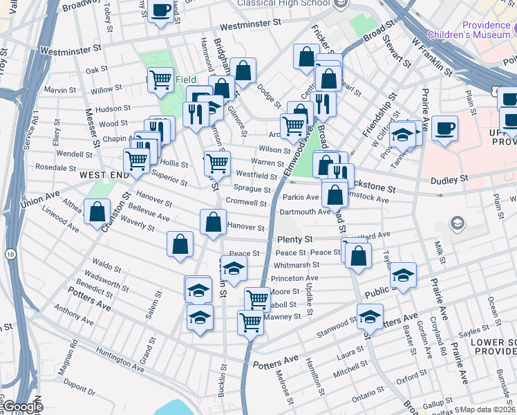 map of restaurants, bars, coffee shops, grocery stores, and more near 16 Woodman Street in Providence