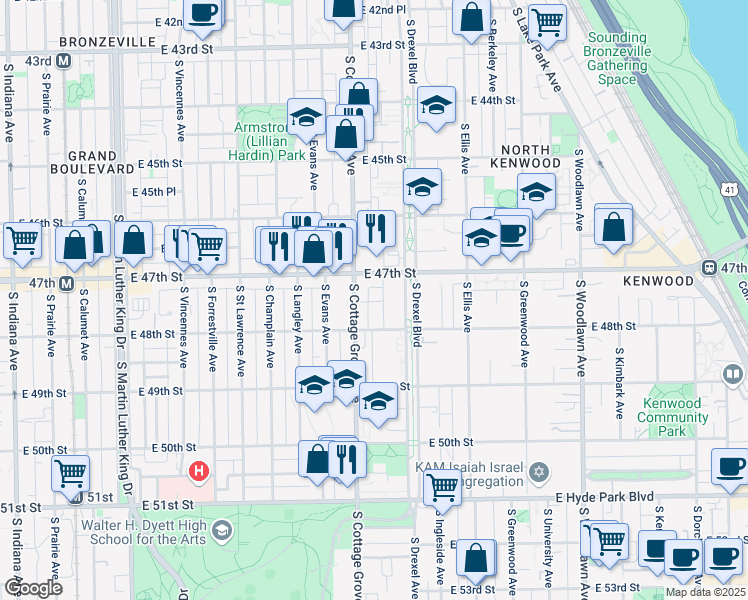 map of restaurants, bars, coffee shops, grocery stores, and more near 812 East 48th Street in Chicago