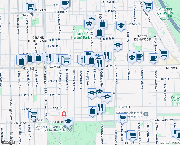 map of restaurants, bars, coffee shops, grocery stores, and more near 4754 South Langley Avenue in Chicago