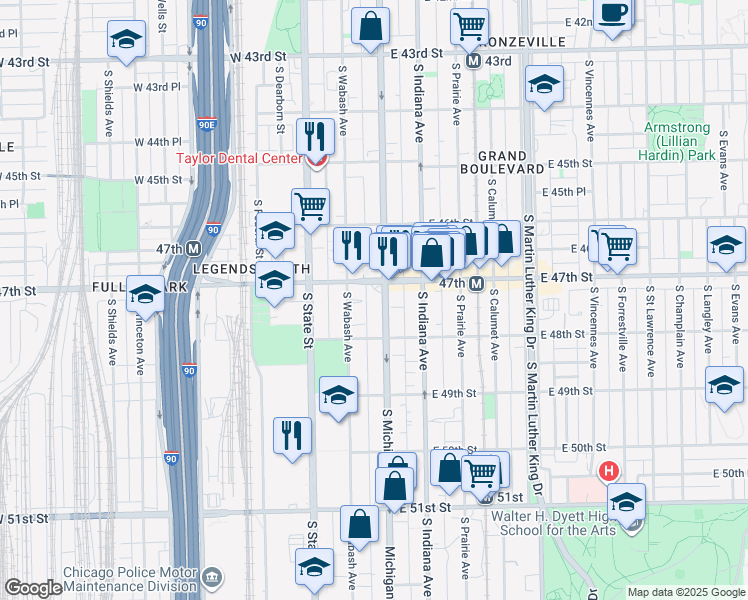 map of restaurants, bars, coffee shops, grocery stores, and more near 4743 South Wabash Avenue in Chicago