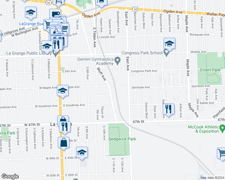 map of restaurants, bars, coffee shops, grocery stores, and more near 318 Bluff Avenue in La Grange