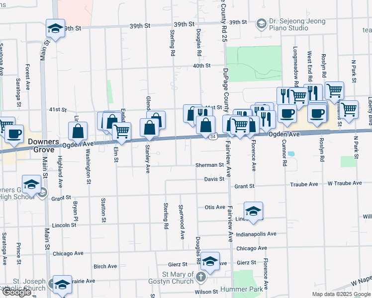 map of restaurants, bars, coffee shops, grocery stores, and more near 526 Sherman Street in Downers Grove