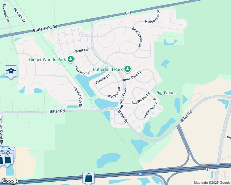 map of restaurants, bars, coffee shops, grocery stores, and more near 2555 Wydown Lane in Aurora