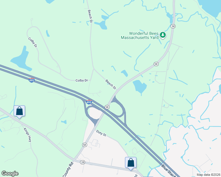 map of restaurants, bars, coffee shops, grocery stores, and more near 7 Byrne Circle in Wareham