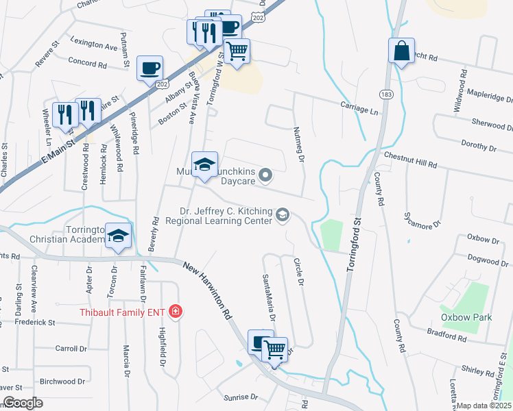 map of restaurants, bars, coffee shops, grocery stores, and more near 215 Hogan Drive in Torrington
