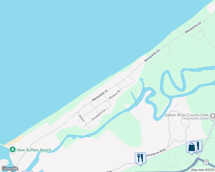 map of restaurants, bars, coffee shops, grocery stores, and more near 11638 Marquette Drive in New Buffalo